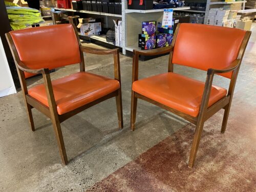 JOHNSON CHAIR CO Vintage Mid-Century Modern Orange Walnut Wood Armchairs (Set of 2)