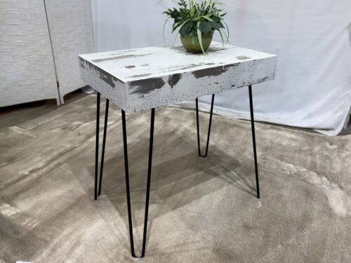 Rustic Distressed White Side Table on Hairpin Legs