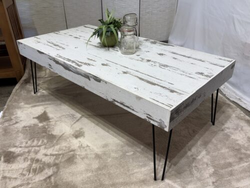 Rustic Distressed White Coffee Table on Hairpin Legs