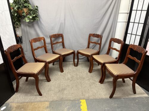 Vintage Floral Carved Dining Chair w/ Plaid Upholstered Seat (Set of 6)