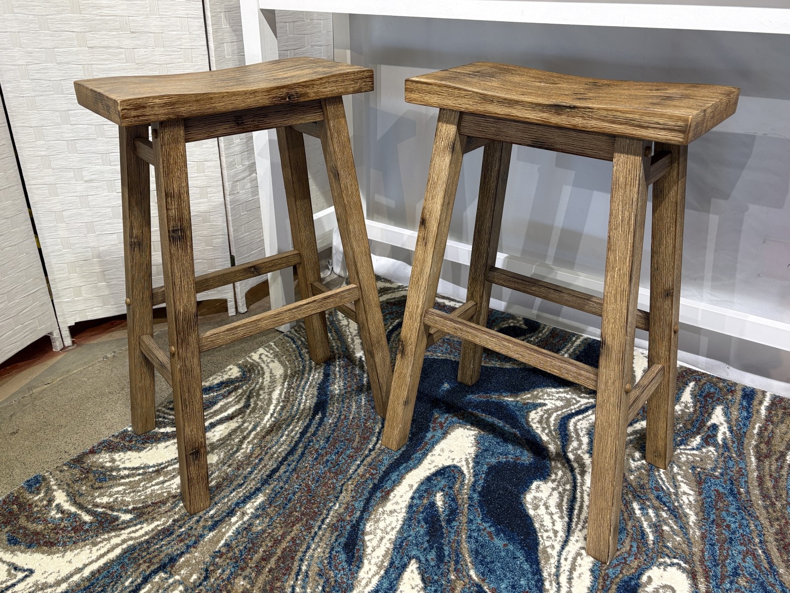 Farmhouse Wood Saddle Counter Stools (Set of 2)