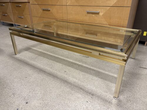 PIERRE VANDEL PARIS Vintage Brass Hollywood Regency Rectangular Glass Top Cocktail Table