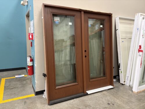 NEW! THERMA TRU Fiberglass Full-Lite Prehung Right Hand-Inswing Double Entry Door with Dark Wood Grain Finish