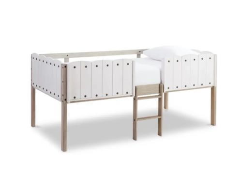 NEW! SIGNATURE DESIGN BY ASHLEY Wrenalyn White and Beige Modern Farmhouse Style Twin Size Loft Bed Frame with Protective Side Rails and Ladder (Southcenter)