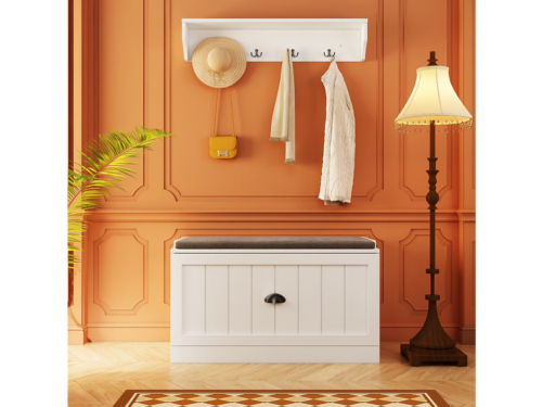 NEW! FUFU & GAGA White Wood Shoe Storage Bench and Coat Hanger