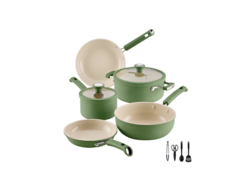 FABERWARE TrueCook 12 Piece Ceramic Cookware Set in Olive Green