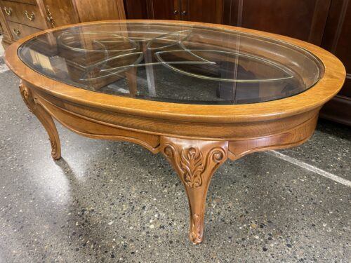 Oval Metal & Glass Topped Traditional Wooden Coffee Table