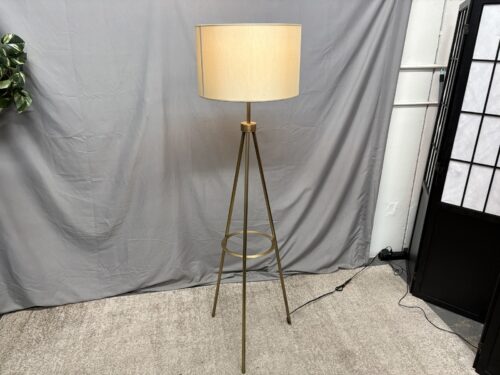 Modern Brass Tripod Floor Lamp w/ Champagne Drum Shade