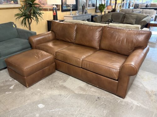 ETHAN ALLEN Caramel Leather Roll Arm Featherblend 3-Cushion Sofa w/ Rolling Ottoman