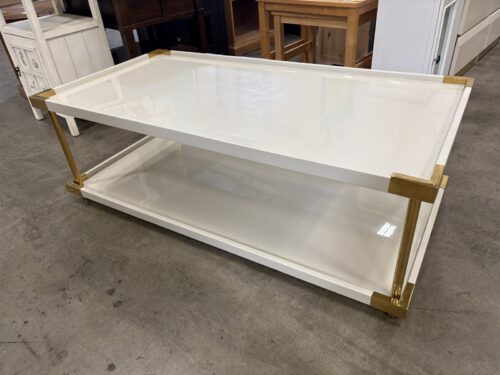 BERNHARDT Brielle 2 Tier Ivory Lacquer Coffee Table with Brass Accents