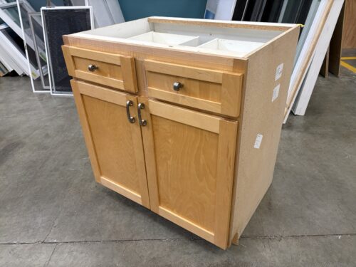 Shaker Style 35x33 Double Door Lower Cabinet with Country Maple Finish and Silver Pulls