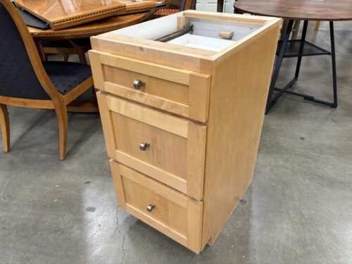Shaker Style 35x17 3 Drawer Lower Cabinet with Country Maple Finish and Silver Pulls