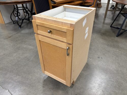Shaker Style 35x17 Single Door Lower Cabinet with Country Maple Finish and Silver Pulls
