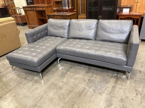 JASON FURNITURE Modern Dark Grey Quilted Leather L-Shaped Sofa with Chrome Legs