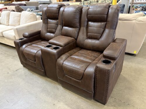 ASHLEY FURNITURE Chocolate Brown Suede-Like Cannel Stitched Power Reclining Loveseat with Center Console