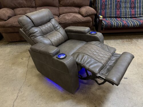 ASHLEY FURNITURE Dark Grey Quilted Leather and Suede Power Reclining Theatre Chair with Cup Holder and LED