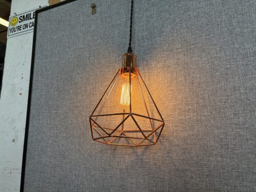 Rose Gold Open Metal Frame Diamond Shaped Swag Lamp with Black Cord