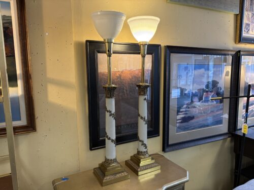 STIFFEL Neoclassical Column Torchiere Brass Table Lamps (AS IS) (Set of 2)