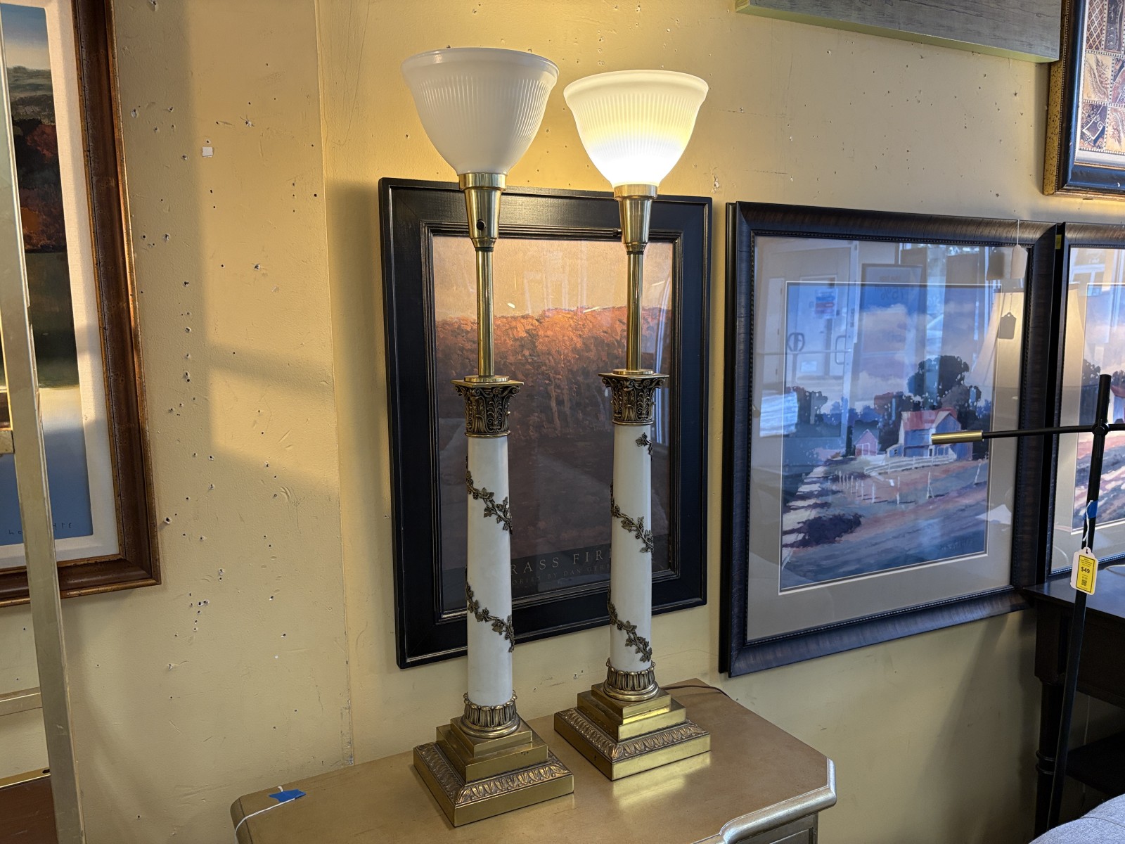 STIFFEL Neoclassical Column Torchiere Brass Table Lamps (AS IS) (Set of 2)