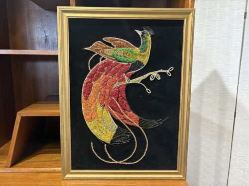 Unique Mid-Century Exotic Bird Gravel Art on Velvet