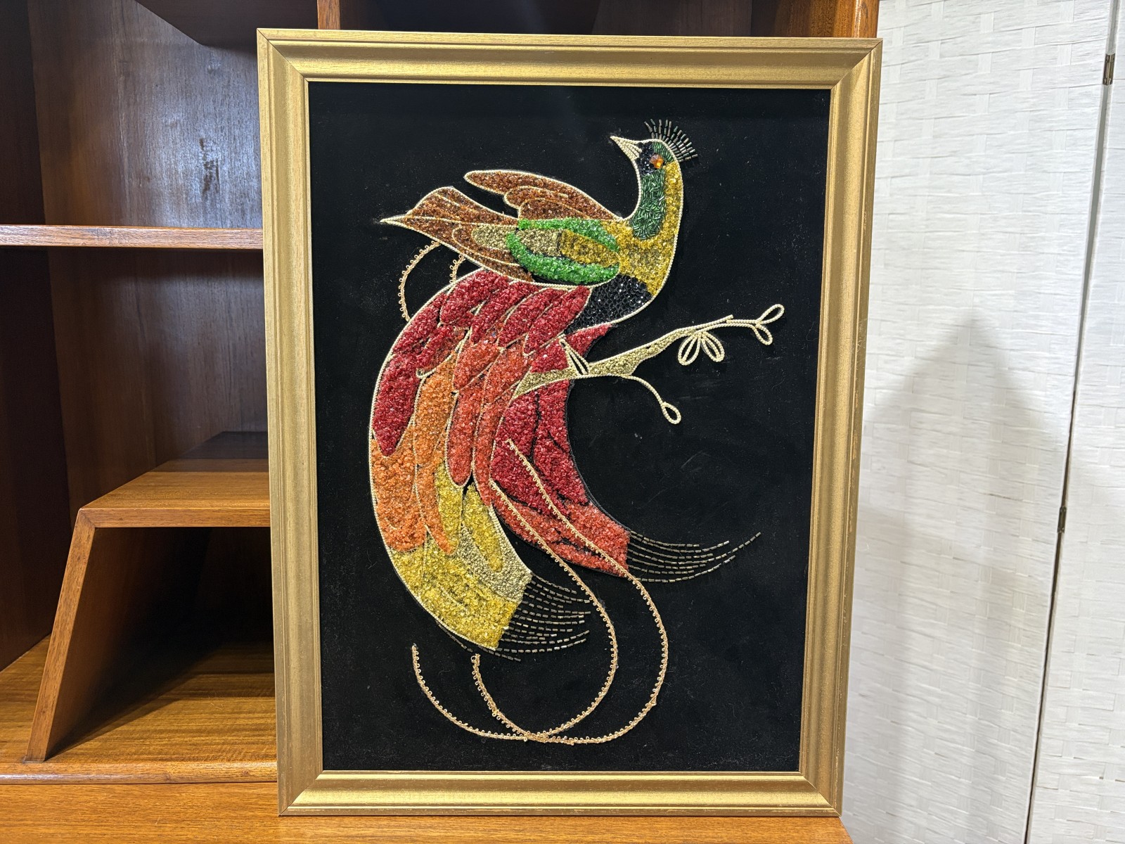 Unique Mid-Century Exotic Bird Gravel Art on Velvet