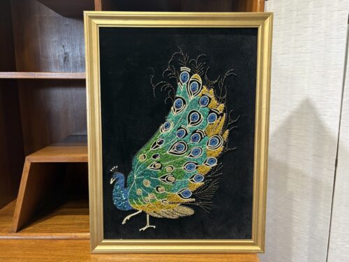 Unique Mid-Century Peacock Gravel Art on Velvet
