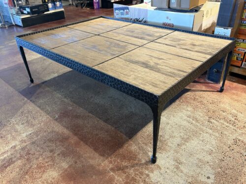 Large 6-Panel Wood Top Coffee Table w/ Hammered Metal Frame