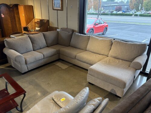 Spacious Light Grey Tweed Sectional Sofa with Rolled Arms