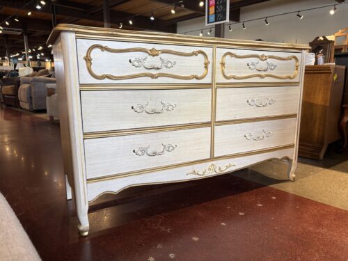Vintage French Provincial Six Drawer Dresser with Ornate Gold Gilded Scrollwork