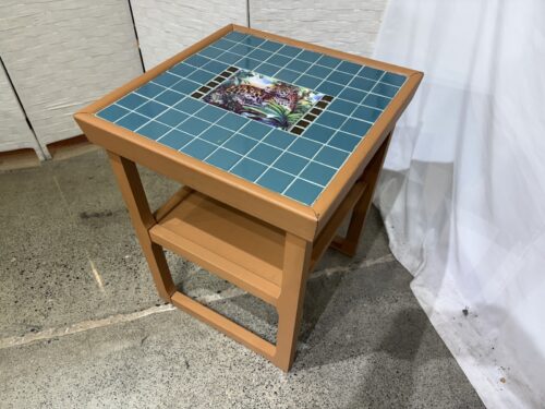 Petite Wooden Side Table with Vibrant Leopard Tile