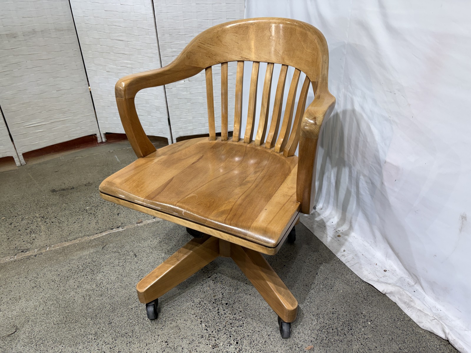 Wooden Slatted Spindle Back Banker’s Swivel Chair