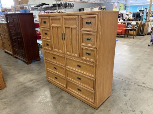 STANLEY Large Oak Campaign Style Multi-Drawer Dresser with Media Cabinet