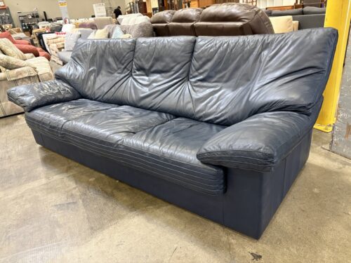 Vintage 80's Dark Blue Leather 3 Seat Sofa