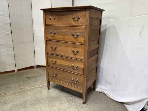 Antique Five-Drawer Oak Tall Dresser with Keyholes