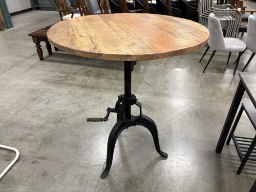 Industrial Style Round Pub Table with Cast Iron Base and Crank Handle