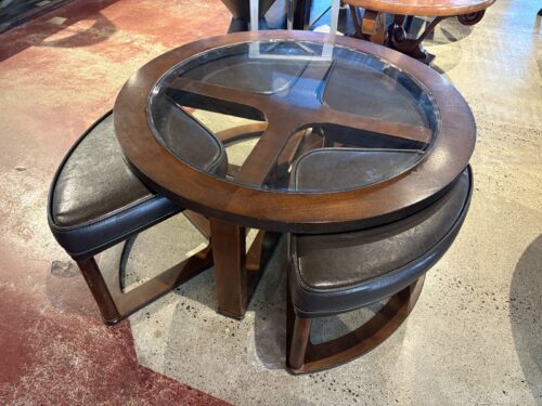 ASHLEY Marion Traditional Glass Top Round Coffee Table & 4 Upholstered Stools