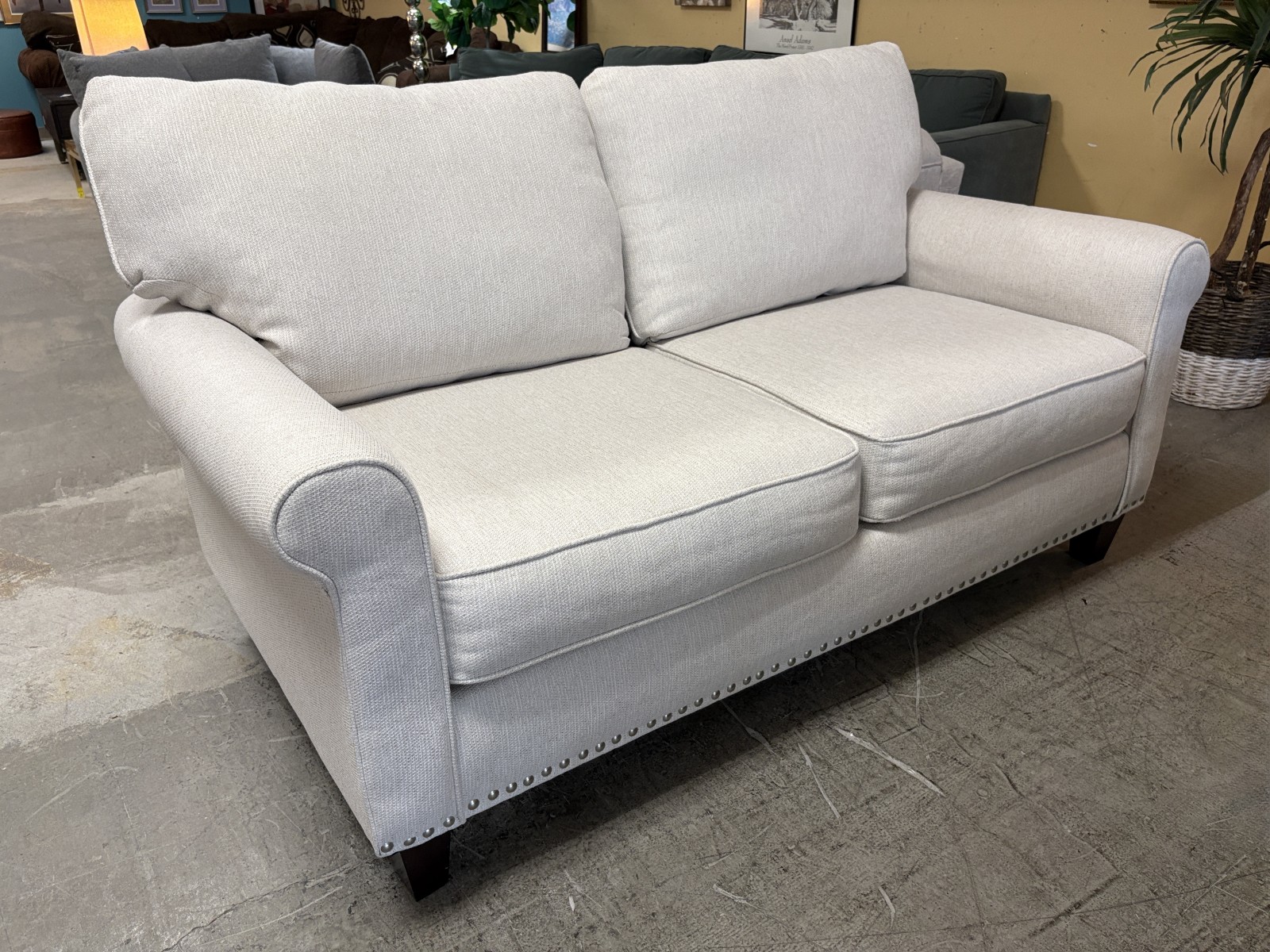 FUSION FURNITURE Ivory Fabric Roll Arm Sofa w/ Nailhead Trim