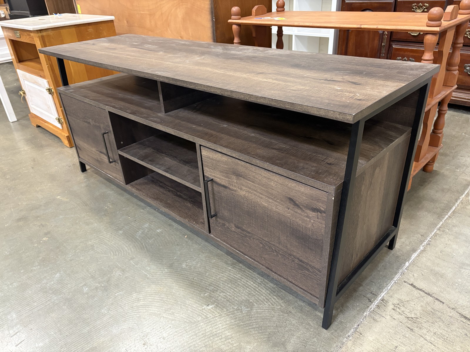 Rustic Industrial Style Media Console with Shelving and Dual Cabinets