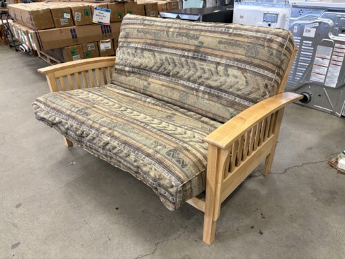 Light Wood Convertible Multi-Position Sleeper Sofa with Faded Geometric Print Cushions