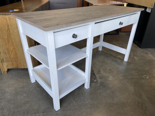 Contemporary Farmhouse Style Two Tone Computer Desk with Drawers and Shelving