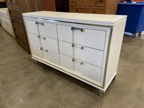 ASHLEY Contemporary White 6 Drawer Dresser with Mirror Trim and Polished Chrome Drawer Pulls