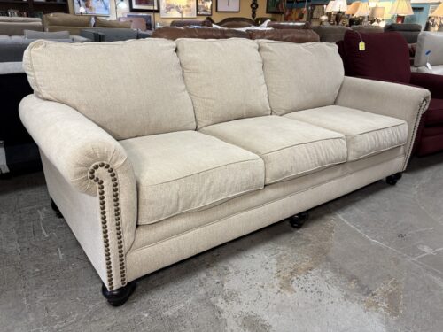 ASHLEY Milari Linen Beige Rollarm 3-Seat Sofa w/ Nailhead Trim