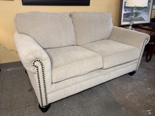 ASHLEY Milari Linen Beige Rollarm Loveseat w/ Nailhead Trim