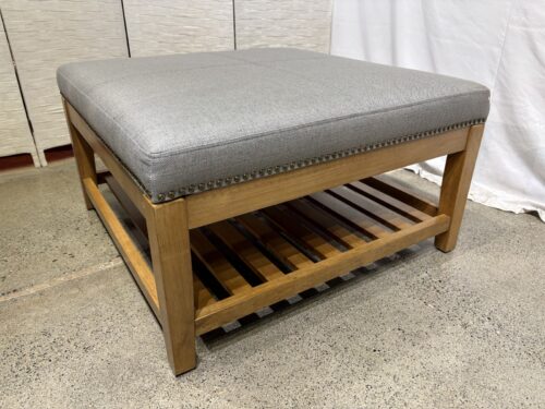 NEW! Home Decorators Hayesbrook Charcoal Gray Upholstered Square Ottoman with Nailhead Trim and Patina Wood Accents