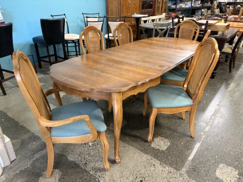 Vintage Honey Wood French Provincial Extension Table w/ 6 Cane Back Dining Chairs