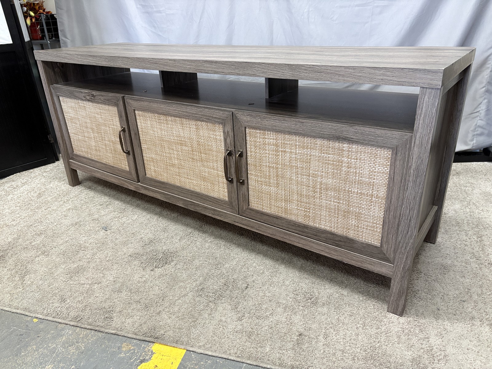 Grey Oak Veneer Modern Cane Door Media Stand