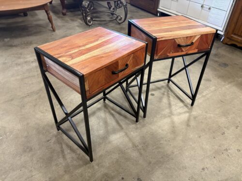 Auburn Finished Rustic Industrial Nightstand with Geometric Drawer Front and Black Metal Frame (Set of 2)
