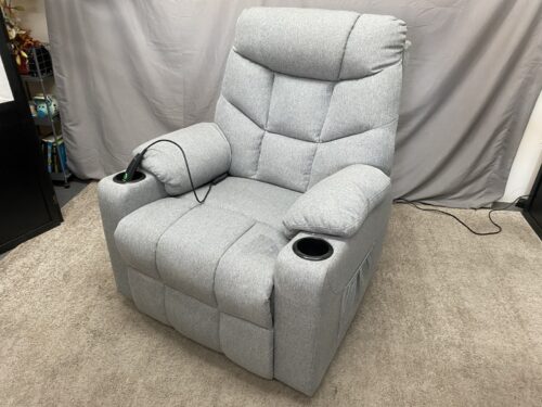 MCOMBO Light Grey Tufted Power Lift Reclining Armchair w/ Cupholders, Side Pockets, & USB Port