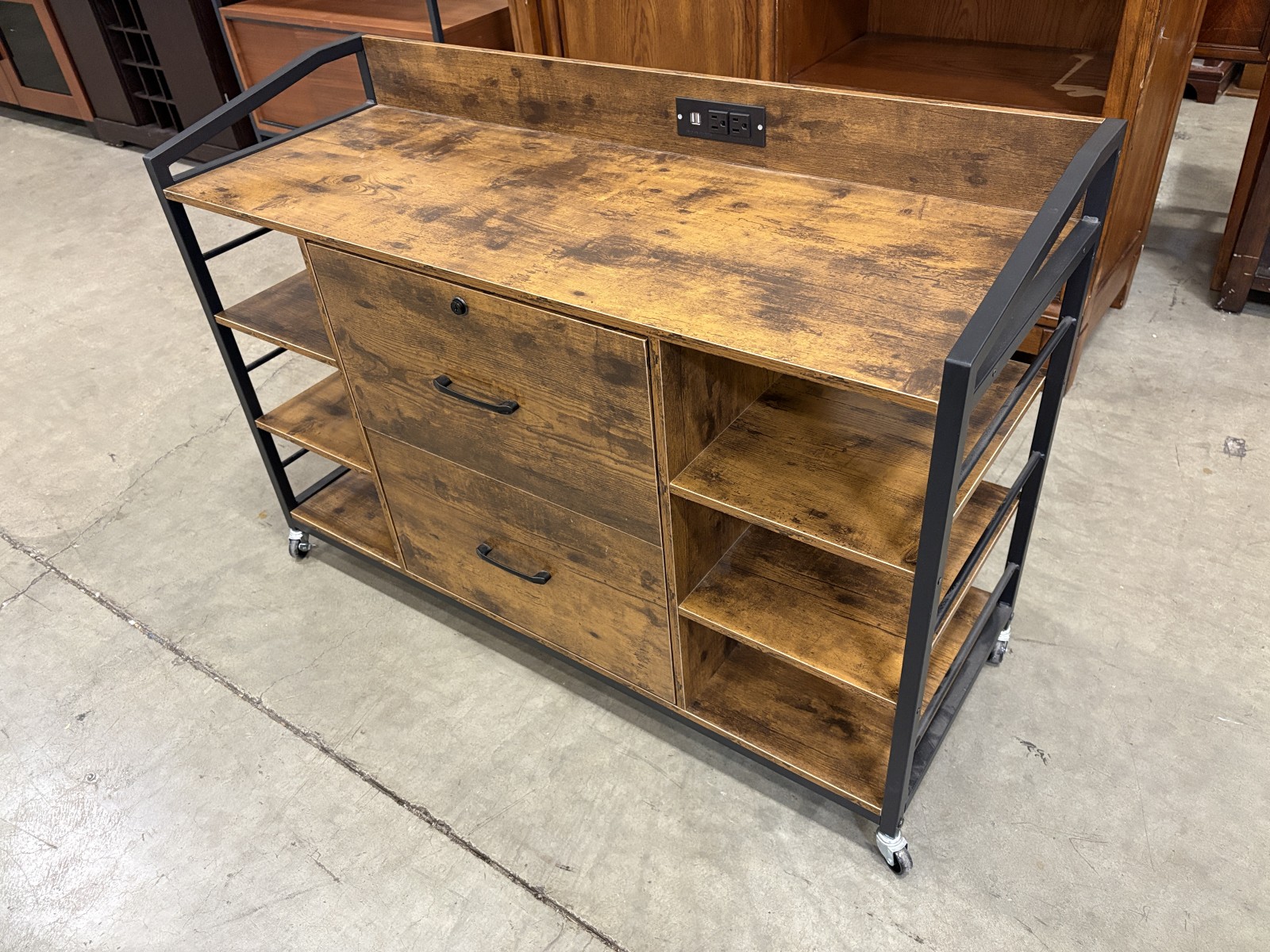 Rustic Finished Rolling Shelving with File Drawers and Power Outlet