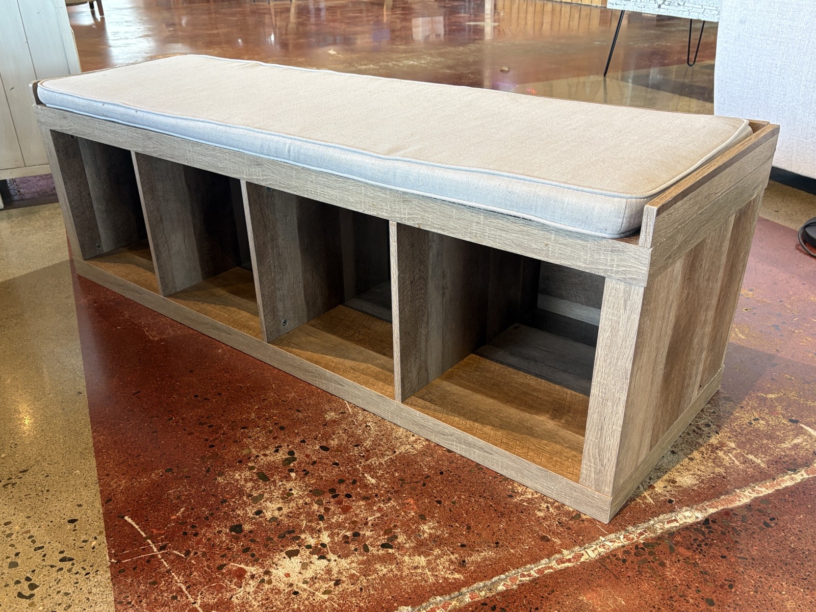 Warm Ash Grey Cubby Storage Bench w/ Cushion